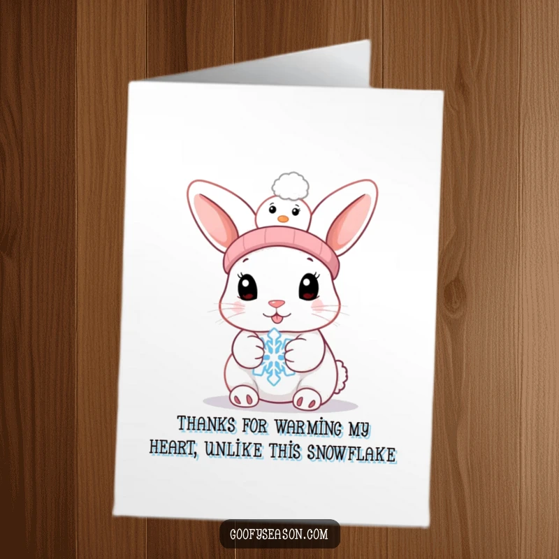 Funny Free Printable Thank You Card: Cute bunny holding a melting snowflake with a worried expression, a sweet and humorous thanks.