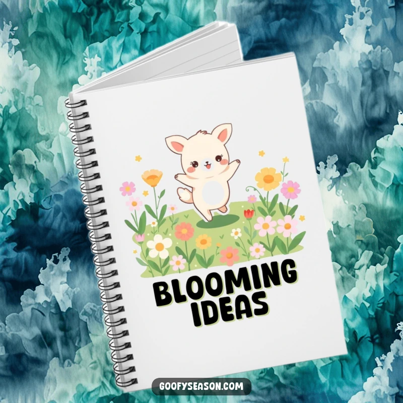 Funny notebook cover featuring a joyful animal character dancing playfully in a vibrant field overflowing with colorful blooming flowers.