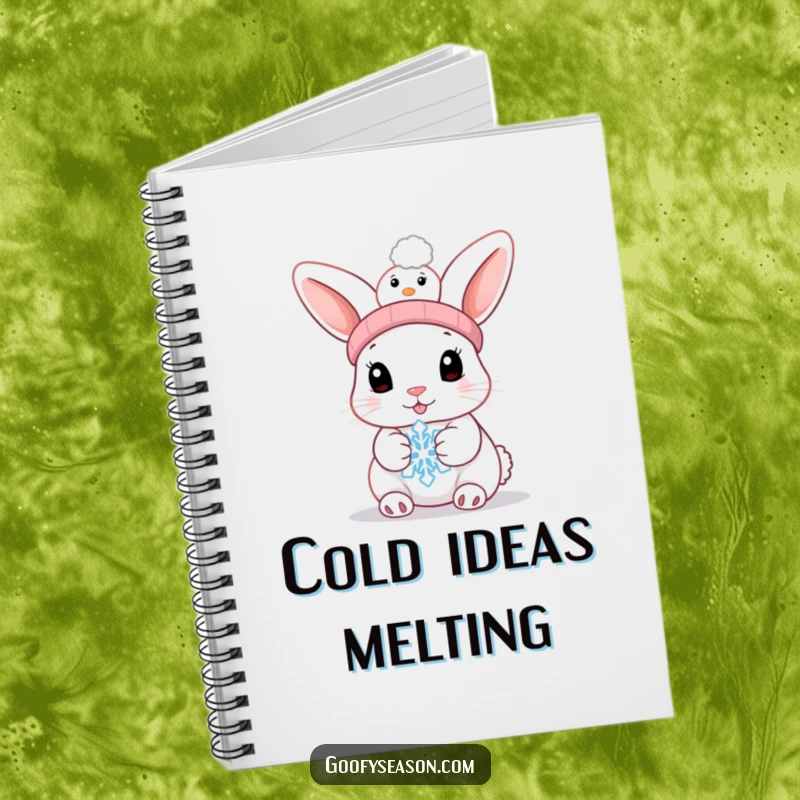Funny bunny wearing a snowman hat, holding a melting snowflake on a notebook cover, great for journaling.