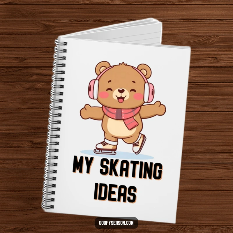 Funny bear with earmuffs, ice skating enthusiastically on a notebook, perfect for jotting down winter plans.