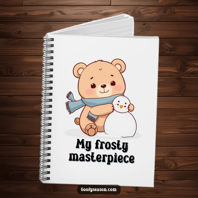 Funny bear wearing a scarf, happily building a snowman on a notebook cover, winter stationery.