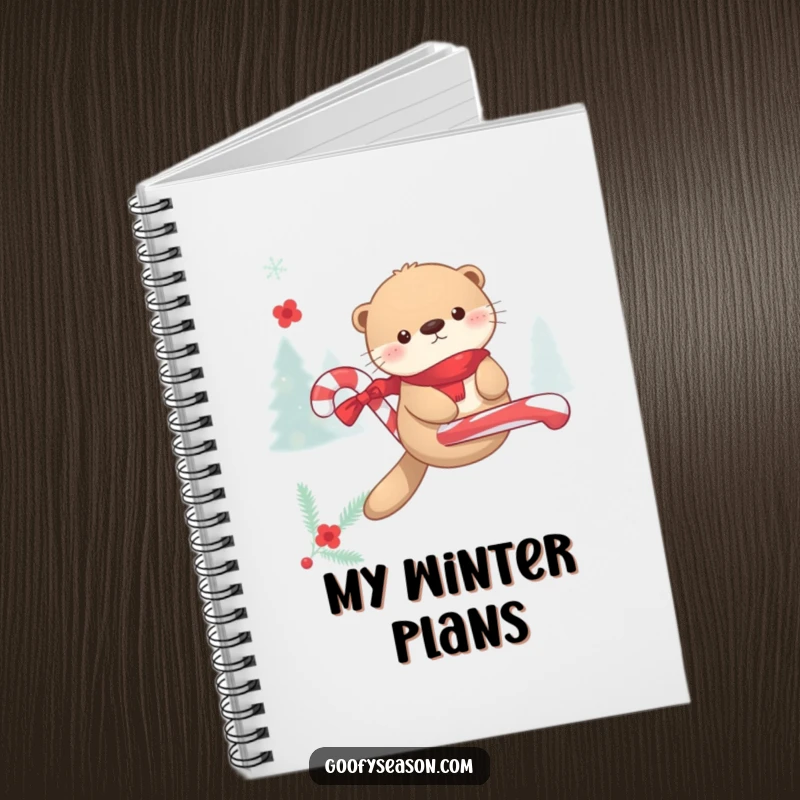 Funny Kawaii otter floating on a candy cane during winter merriment on a notebook, ideal for winter notes.