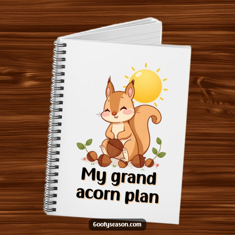 Funny squirrel gathering oversized acorns under a golden sun on a notebook cover, autumn stationery.