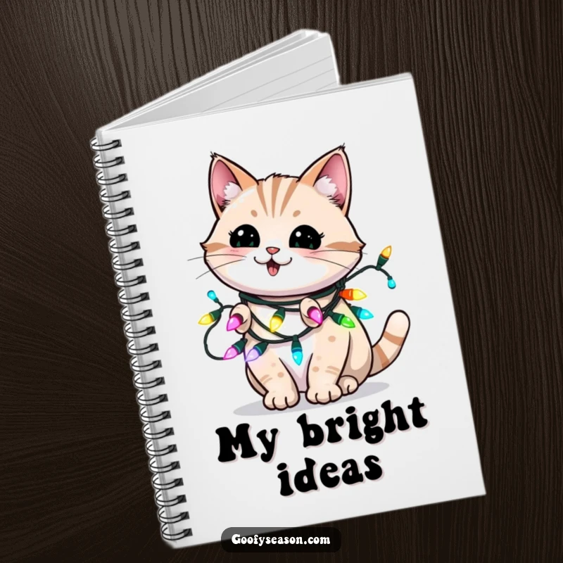 Funny notebook cover with an energetic cat blinking playfully, entangled in glowing holiday Christmas lights.