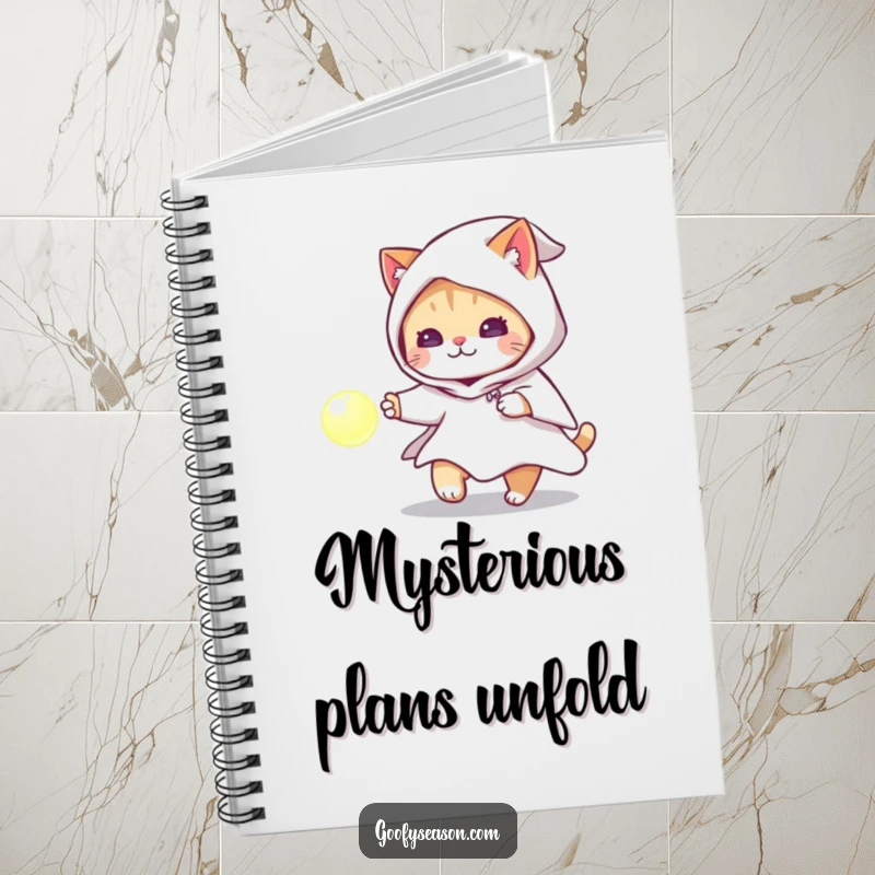 Funny cat in a ghost costume chasing a glowing orb on a notebook, great for Halloween planning.