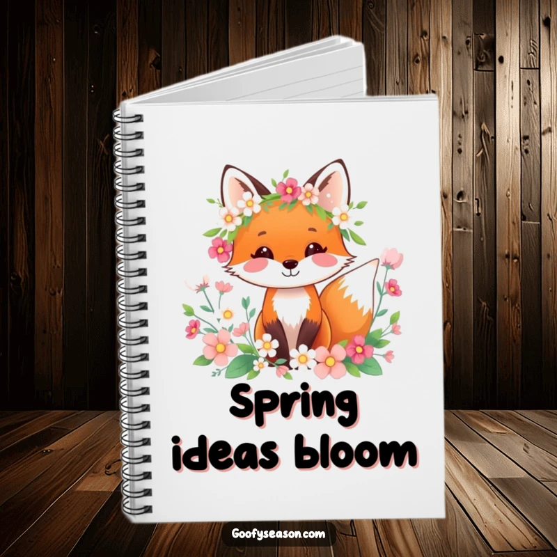 Funny happy fox with a spring wreath and flowers on a notebook, great for writing.
