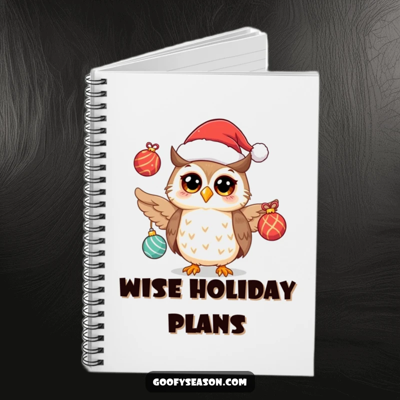 Funny owl in a Santa hat juggling ornaments on a notebook, great for holiday planning.