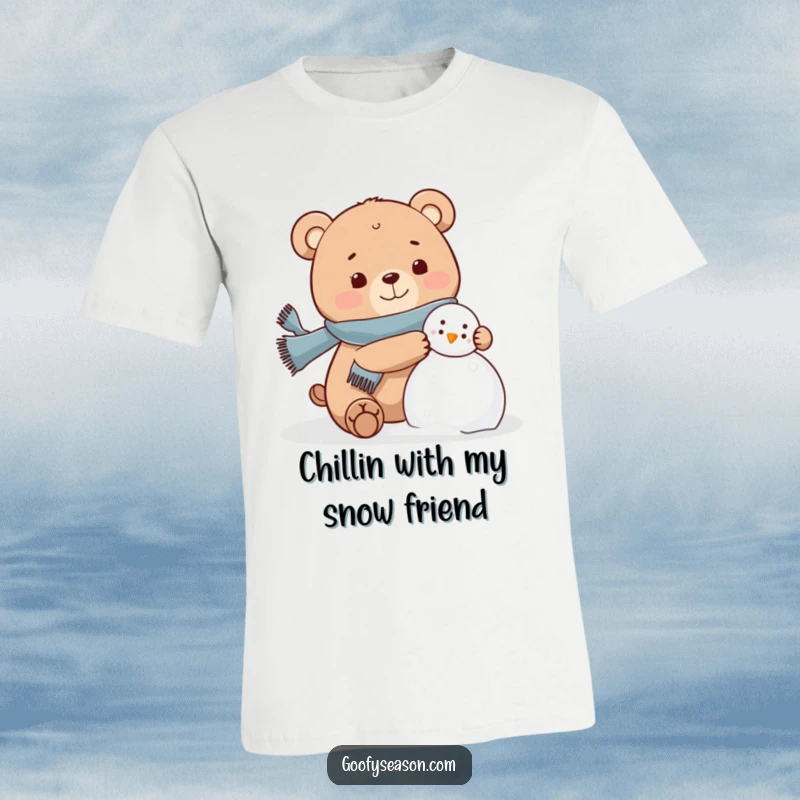 Funny happy bear in a scarf, building a snowman, winter humor shirt, cute animal graphic.