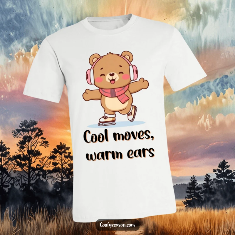 Funny bear character in earmuffs, happily ice skating with enthusiasm, perfect for a winter-themed t-shirt.