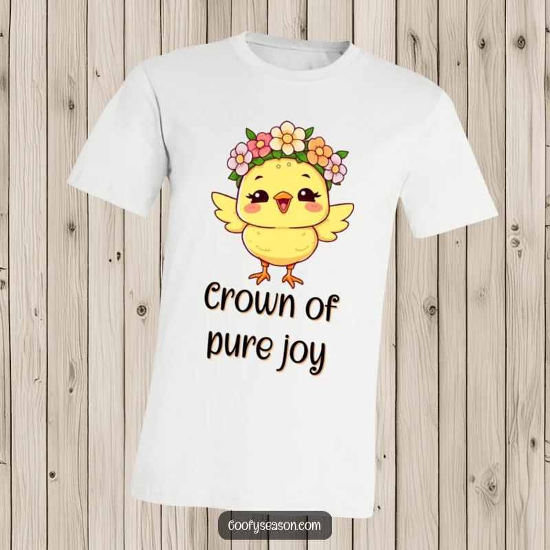 Funny t-shirt showcasing a joyous chick character adorned with a vibrant flower crown, exuding happiness and springtime glee.