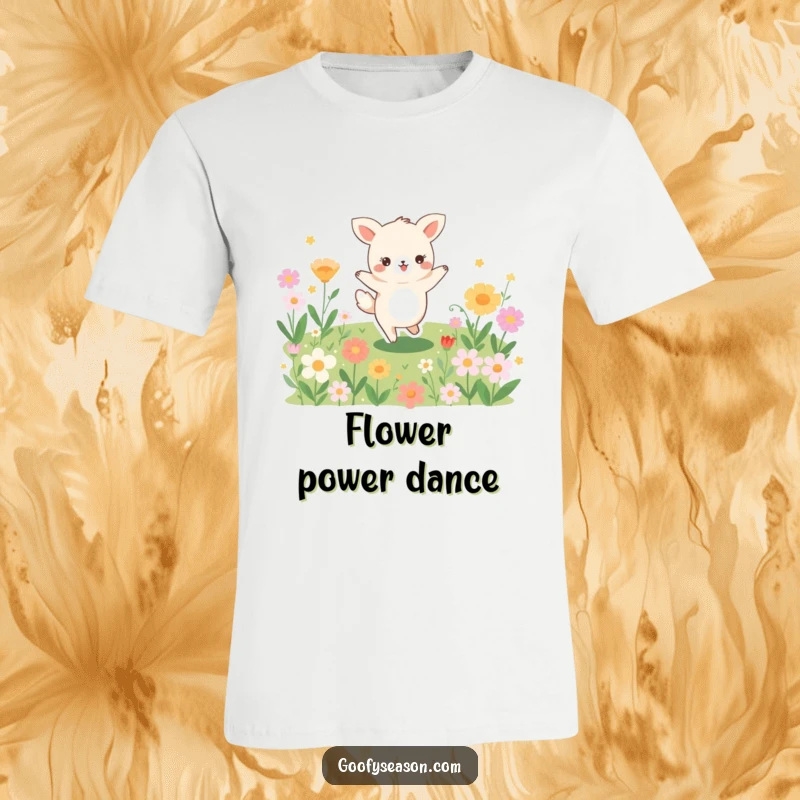 Funny t-shirt design of a happy animal character joyfully dancing with abandon in a lush field filled with blooming colorful flowers.