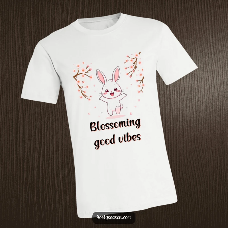 Funny happy bunny hopping through falling cherry blossoms, spring season, cute animal humor shirt.