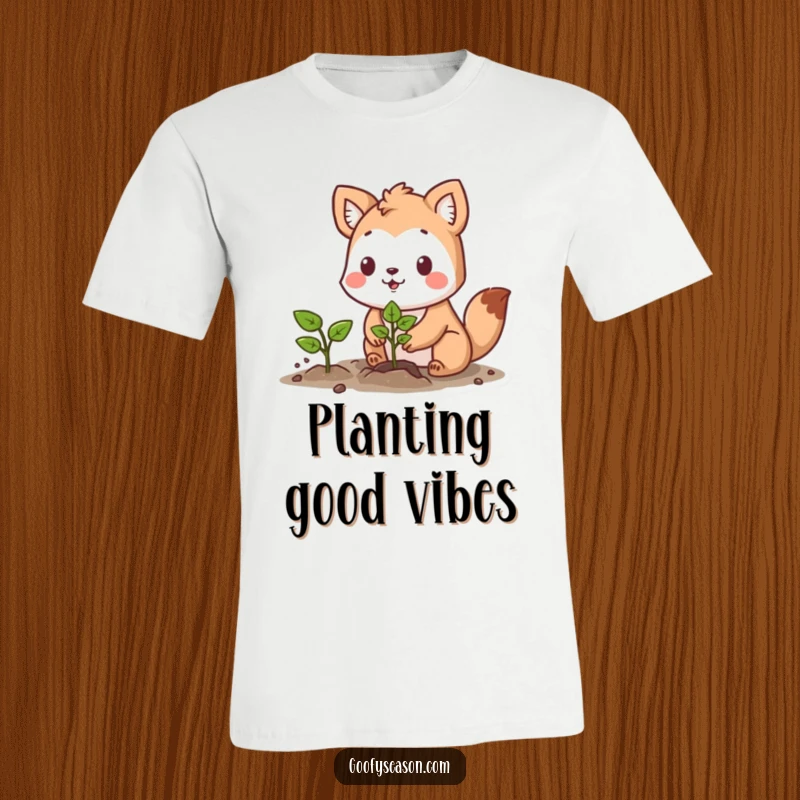 Funny t-shirt design of a determined animal character carefully planting a vibrant seedling, exuding a hopeful and proactive spirit.