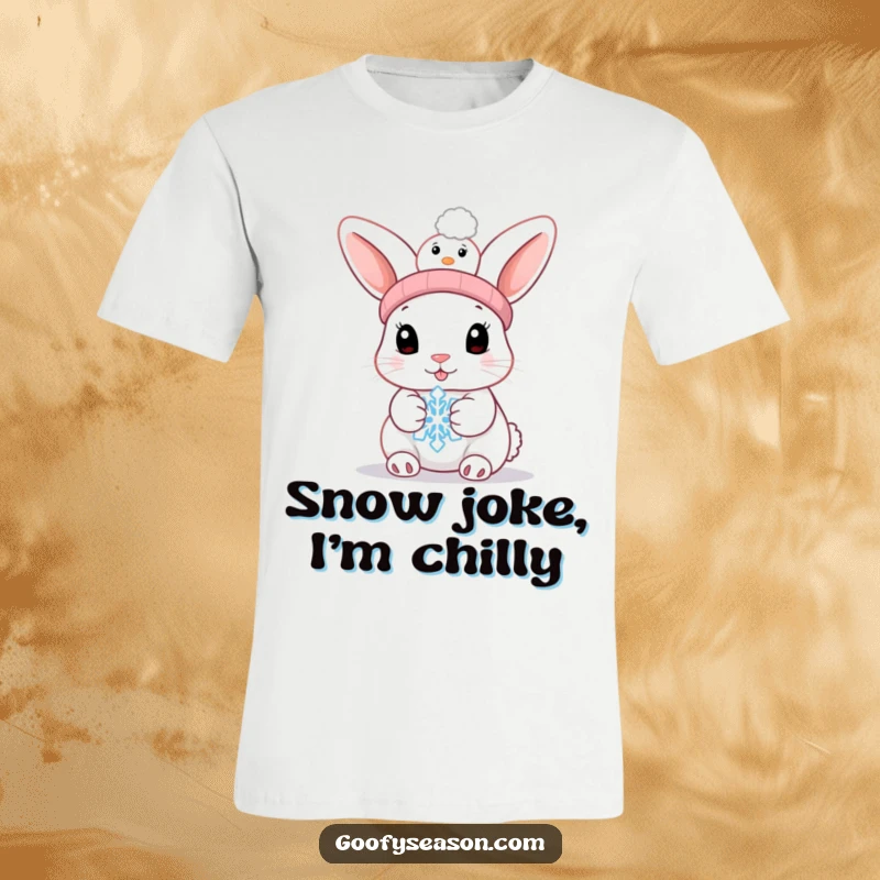 Funny bunny wearing a snowman hat, holding a melting snowflake on a t-shirt, a whimsical winter scene.