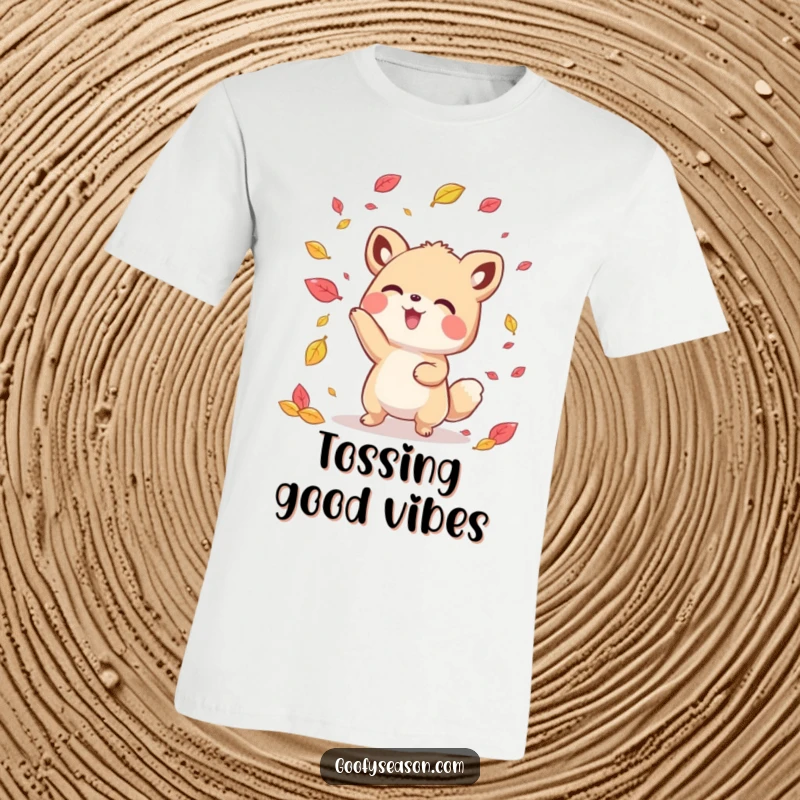 Funny kawaii animal character joyfully tossing vibrant, colorful autumn leaves upwards, captured in a playful moment.