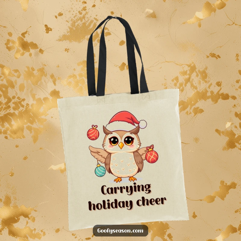 Funny owl with a Santa hat juggling festive ornaments on a tote bag, a practical holiday accessory.