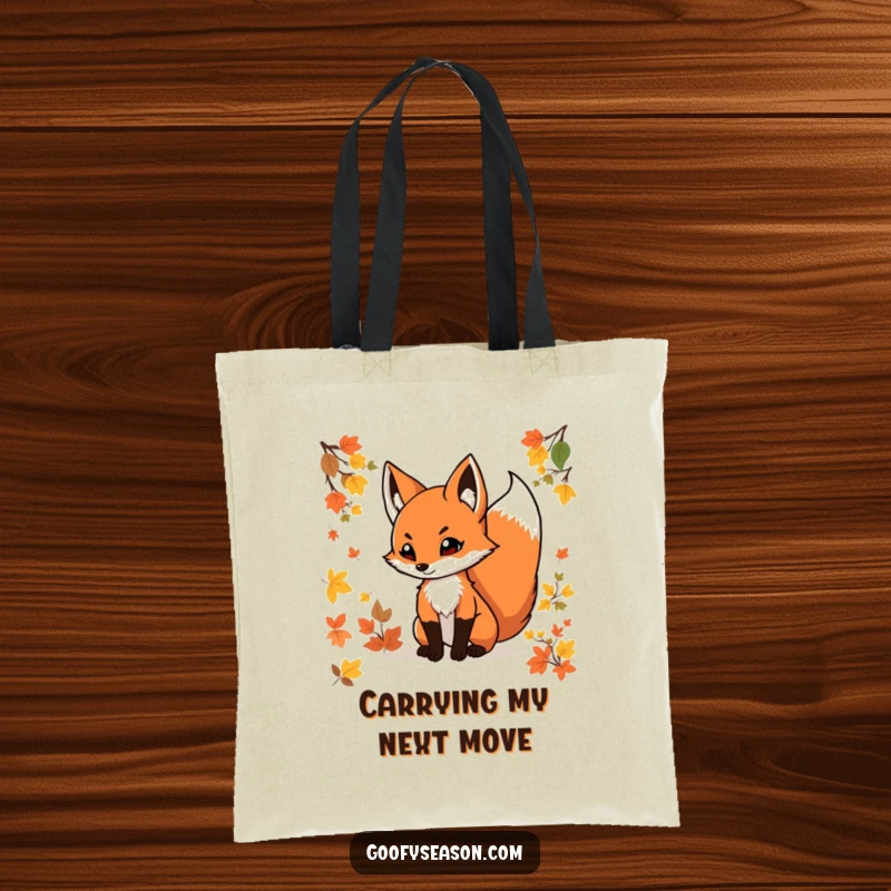 Funny fox tote bag with a determined fox, tail swishing through colorful autumn leaves, perfect for carrying essentials with style.