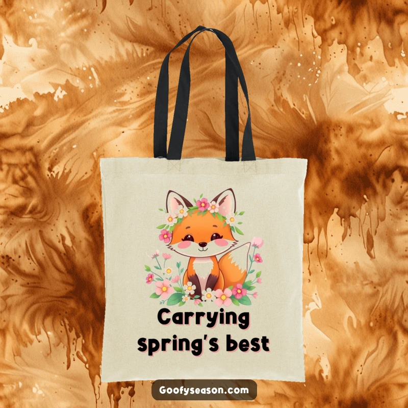 Funny happy fox with a spring wreath and flowers on a tote bag, ideal for shopping.