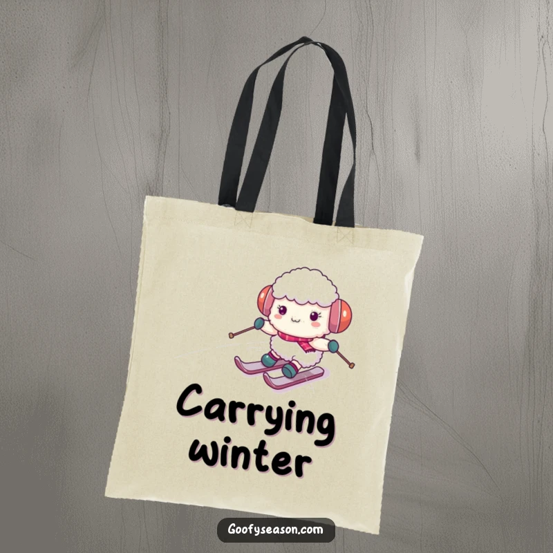 Funny sheep character wearing earmuffs, comically skiing down a snowy hill on a tote bag, ideal for winter market trips.