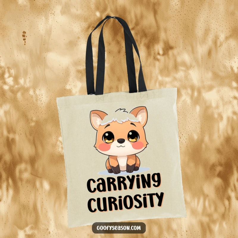 Funny tote bag illustration of a curious animal character with wide, wondrous eyes observing a gentle, peaceful snowfall.